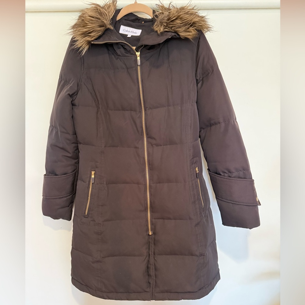 Calvin Klein Espresso Down Puffer Parka Coat with Faux Fur hood , size s